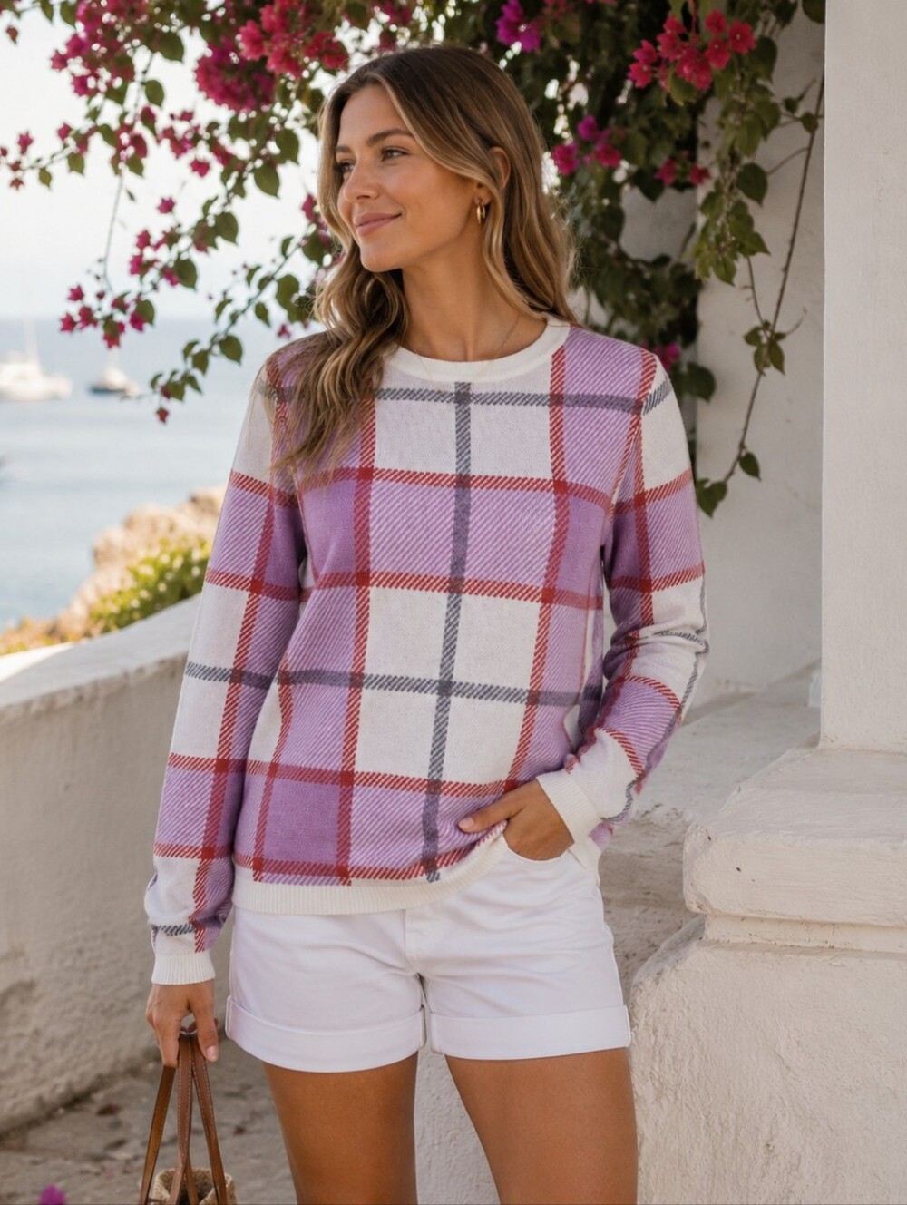 Tahari Plaid Sweater Lilac Purple Knit Pullover Office Top Medium